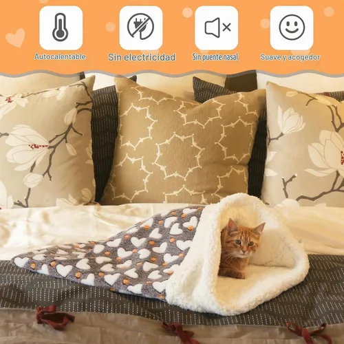 Vista 3 de Saco de dormir autocalentable para gatos de interior, cama cueva autocalentable para gatos, almohadilla térmica acogedora y suave para invierno Gris