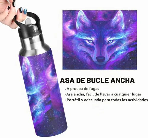 Vista 5 de Botella de Agua de Lobo Tazas de Lobo Botella de Agua Galaxia para Niños Niñas con Tapa de Pajita Lobos Aislada Acero Inoxidable Frasco de Agua a007