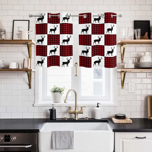 Vista 23 de Libaoge Cortinas de Navidad para cocina, dormitorio, juego de 2 paneles, diseño de muñeco de nieve de Navidad, cortinas de invierno con copos