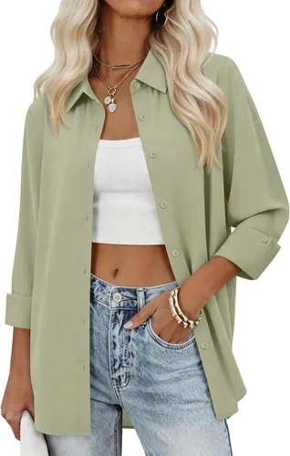 Vista 9 de siliteelon Camisas con botones para mujer, camisas de vestir sólidas, de manga larga, cuello fluido, para trabajo, oficina, negocios, blusas de gasa