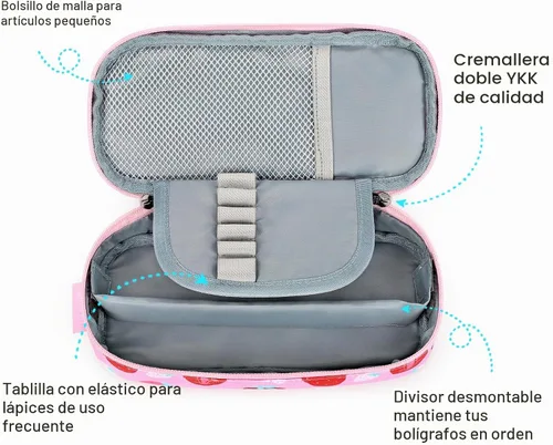 Vista 4 de mibasies - Lapicera para niñas, estuche con divisiones múltiples para lápices, diseño de fresas color rojo