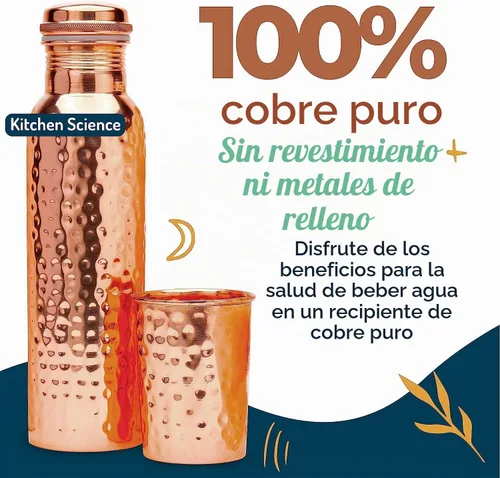 Vista 2 de Kitchen Science Botella de agua de cobre ayurvédico auténtica (1000 ml/34 oz) con vaso de cobre para agua potable, bolsa de transporte y funda