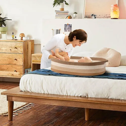 Vista 5 de Cesta cambiador de bebé, cesta de moisés y almohadilla de espuma gruesa con funda de colchón de algodón extraíble, 100% algodón, decoración bohemia