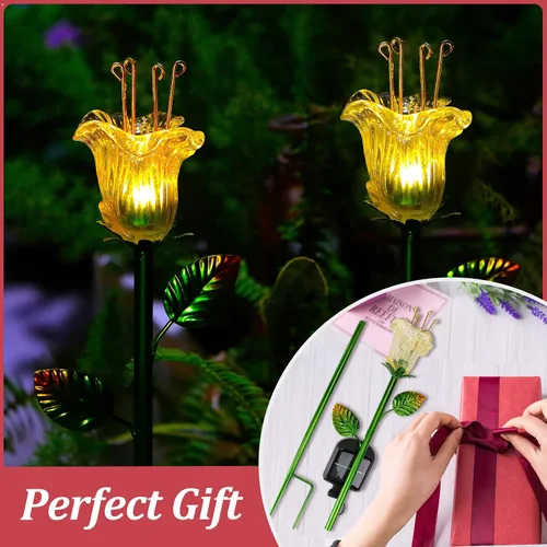 Vista 7 de VChymm Paquete de 2 flores decorativas solares, luces de lirio de vidrio amarillo impermeables, encendido/apagado automático para jardín, patio