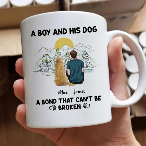 Vista 3 de Gossby Taza personalizada con texto en inglés «A Boy and His Dog», regalo personalizado para dueños de perros y hombres con diseño, nombre, razas