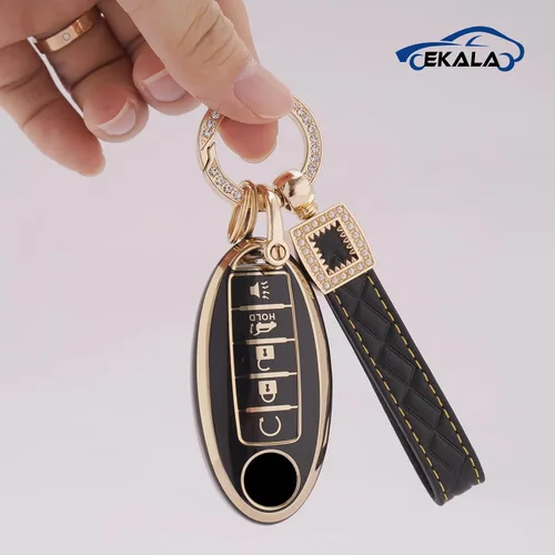 Vista 5 de EKALA Funda para llavero Nissan, 5 botones, TPU suave, funda completa de protección con llaveros de cuero, color negro y dorado, apta para Nissan