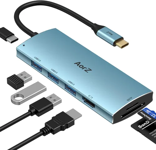 Vista 10 de Hub USB C, concentrador USB a HDMI multipuerto Aorz USB C adaptador 7 en 1 con salida HDMI 4K, 3 puertos USB 3.0, lector de tarjetas SD/Micro SD