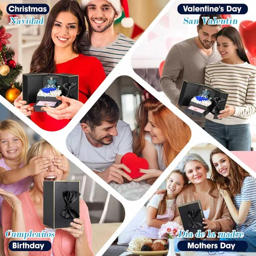 Vista 5 de AddWel Regalos de rosas para mujer, rosas azules reales preservadas con collar I Love You en 100 idiomas y lindo oso de musgo para novia, esposa