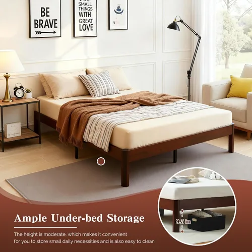 Vista 5 de Base de cama de plataforma de tamaño matrimonial para dormitorio, marcos de cama de madera resistente de 14 pulgadas con listones de madera, fácil