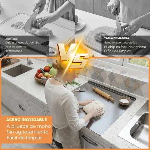 Vista 4 de Sakerplus Tabla de cortar de acero inoxidable con borde antideslizante, tabla de cortar de cocina para hornear, carne, verduras y pan, apta