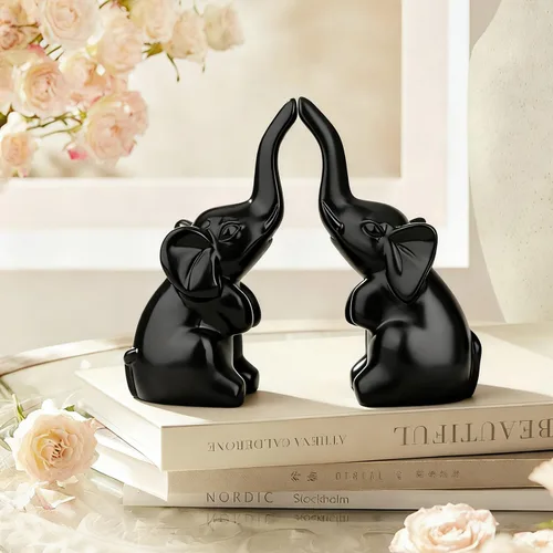 Vista 4 de DUQGUHO Mini elefante negro regalos para mujer, estilo moderno, estatua de animal pequeño, 2 piezas de decoración de elefante para estantes