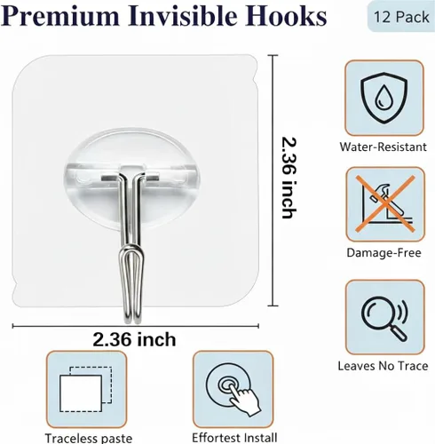 Vista 5 de Ganchos de pared adhesivos resistentes, acero inoxidable transparente, paquete de 12 – carga máxima de 24 libras, ganchos reutilizables impermeables