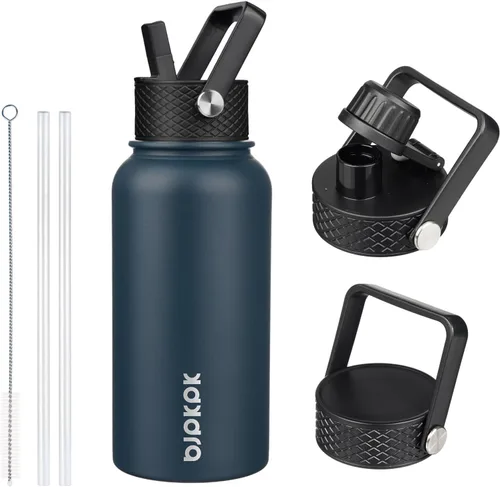 Vista 90 de BJPKPK Botellas de Agua Aisladas con Tapa de Pajita, Botella de Agua de Acero Inoxidable de 18oz, Termo Frío Caliente con 3 Tapas, Vaso de Viaje a