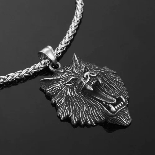 Vista 4 de Collar con colgante de cabeza de lobo vikingo Fenrir de acero inoxidable retro para hombre, Metal, No es una piedra preciosa