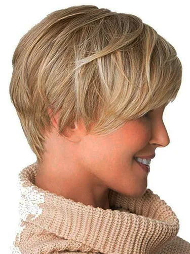 Vista 2 de Peluca corta rubia con flequillo, corte Pixie en capas, para mujer, fibra sintética, sin pegamento, esponjosa, aspecto natural