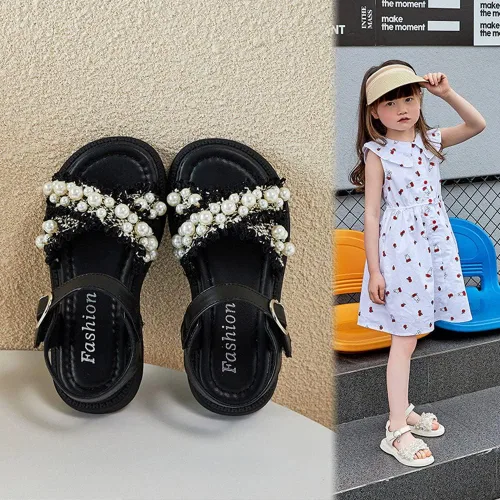 Vista 2 de BININBOX Sandalias planas de verano para niñas pequeñas y grandes, con purpurina y puntera abierta, antideslizantes, suela de goma suave, zapatos