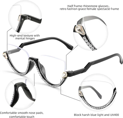 Vista 3 de FEISEDY Gafas de bloqueo de luz azul para mujer, gafas de ojo de gato con incrustaciones de diamante antifatiga ocular B2995