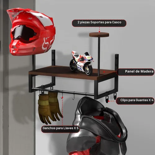 Vista 4 de Soporte de pared para casco, estante retro para casco con tabla de madera, 2 soportes para casco para almacenamiento de equipo de motocicleta