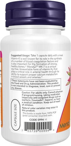 Vista 3 de NOW Foods Suplementos, Vitamina K2 (MK-7) 300 mcg, Fuerza Extra, Soporte para la Salud de los Huesos*, 60 Cápsulas Vegetales