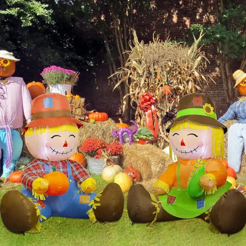 Vista 7 de Lulu Home Decoración inflable de otoño de 3.3 pies, juego de 2 espantapájaros soplados con aire para parejas con luces LED integradas para cosecha