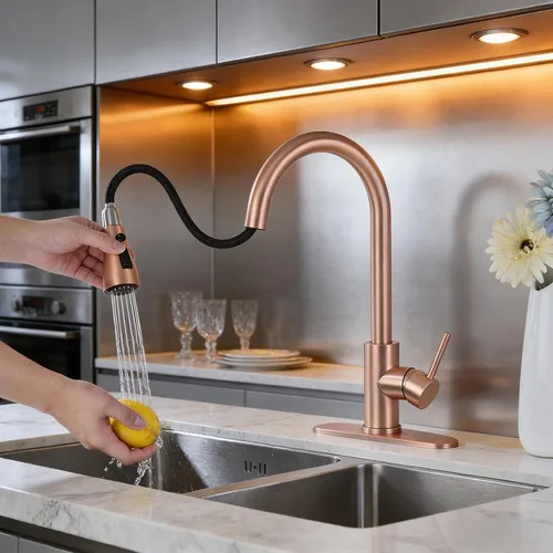Vista 6 de Delle Rosa Grifo de cocina de cobre y oro rosa, montaje en cubierta, acero inoxidable 304, manija única, configuración de rociado de 3 vías, fácil