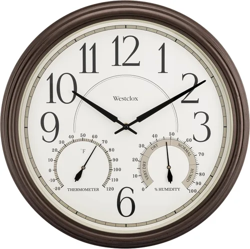 Vista 8 de Westclox Reloj de pared para interiores y exteriores con medidores de temperatura y humedad, resistente a la intemperie, precisión de cuarzo Bronce