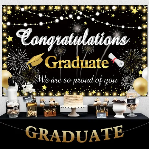 Vista 5 de Congrats Grad Banner 2024 – Telón de fondo negro dorado para decoraciones de graduación de clase 2024 y fondo de fotografía