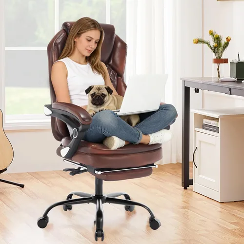 Vista 9 de Silla de escritorio reclinable de piel de 400 libras con reposapiés A marrón.