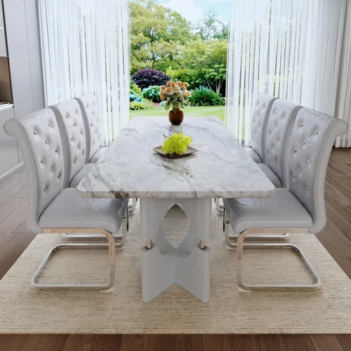 Vista 2 de gopop Juego de mesa de comedor moderna para 6, 7 piezas, mesa de comedor de mármol, mesa de cocina rectangular de 71 pulgadas con 6 sillas tapizadas