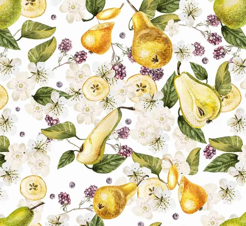 Vista 2 de Violet Linen Patrón de flores de peras europeas, tela impresa tejida de poliéster, peras, 60 pulgadas por 84 pulgadas, asientos de 6 a 8 personas