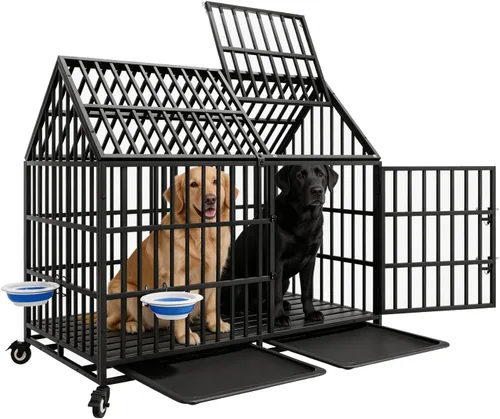 Vista 10 de Jaula para perros indestructible de 44 pulgadas con ruedas, jaula de acero a prueba de escapes para interiores, doble puerta, alta ansiedad