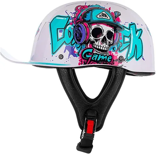 Vista 13 de Gorra de béisbol para motocicleta, medio casco para adultos, hombres y mujeres, cara abierta, retro, casco de motocicleta aprobado por DOT, carcasa