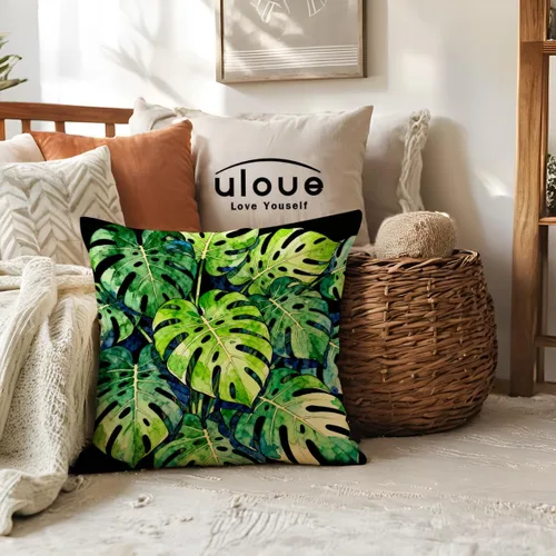 Vista 3 de Juego de 2 fundas de almohada de hojas de Monstera con diseño de hojas de palmera tropical, con temática botánica, fundas de almohada decorativas