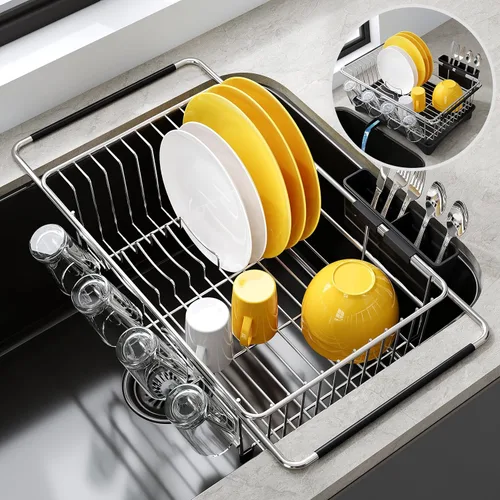 Vista 18 de JASIWAY - Escurridor de platos para fregadero, colador de acero inoxidable con asas de goma extensibles para verduras, frutas, artículos esenciales
