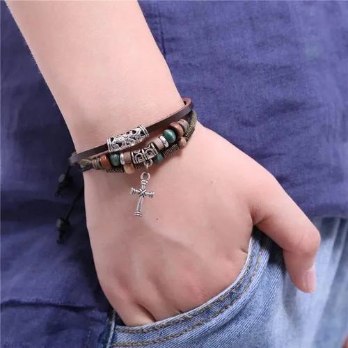 Vista 6 de Coostuff - 3 pulseras de cuero genuino hechas a mano con dijes trenzados de cuero negro para hombres y mujeres, Cuero