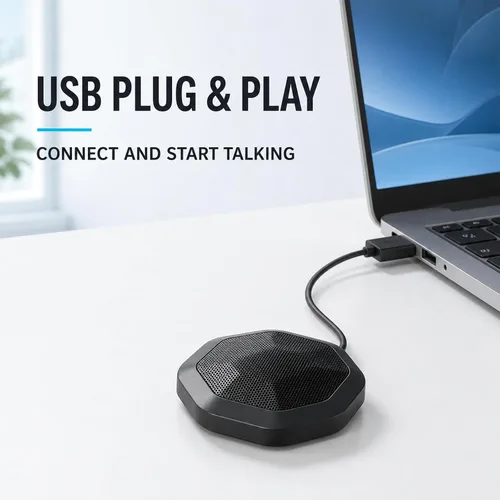Vista 3 de Micrófono de computadora de 360° para escritorio, micrófono de PC de conferencia USB, tecnología de cancelación de ruido, grabación, Skype, clase