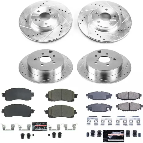 Vista 2 de Power Stop K7926 Pastillas de freno de fibra de carbono Z23 delanteras y traseras con kit de rotores de freno perforados y ranurados para Subaru