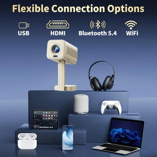Vista 3 de Mini Proyector [Aplicaciones Integradas & Actualizado 2026] Compatible con 4K 1080P Enfoque Automático & Corrección Keystone 90° Rotatable, Beige