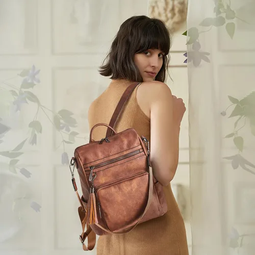 Vista 69 de OPAGE - Mochila de cuero para mujer, con borla de moda, bolso de hombro, mochila grande, bolsa de viaje, gris, L