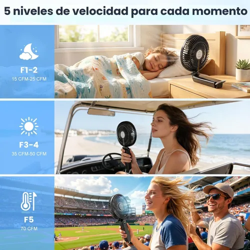 Vista 10 de Ventilador de mano portátil, ventilador personal recargable de 6 pulgadas Negro