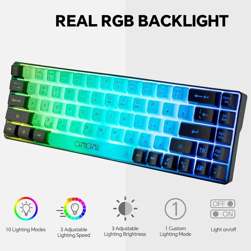 Vista 3 de CHONCHOW Teclado mini RGB 60% para juegos, 68 teclas, pequeño y compacto USB, con cable, arco iris, retroiluminado, teclado para juegos para Xbox