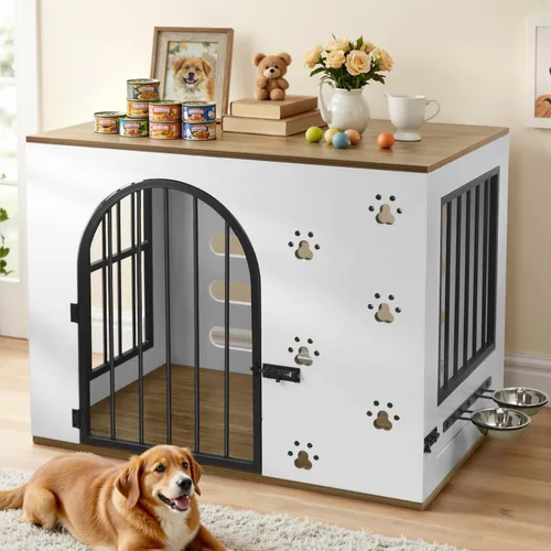 Vista 10 de Mueble de jaula para perros pequeños y medianos, perrera de metal de madera resistente para interiores con cuencos, jaula decorativa para mascotas