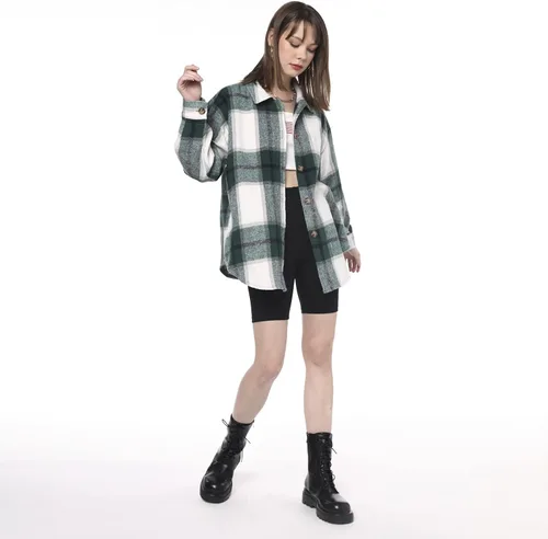 Vista 5 de ZAFUL Camisa de manga larga a cuadros para mujer, mezcla de lana con botonadura, chaqueta fina, blusa casual con bolsillo.