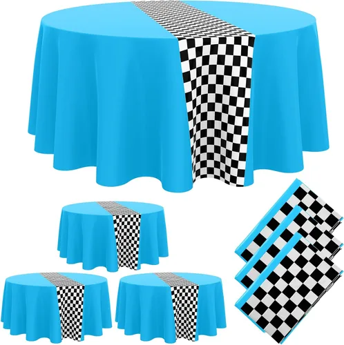 Vista 15 de Oudain 3 piezas de suministros para fiesta de cumpleaños de autos, decoraciones para fiestas de carreras, mantel redondo de carreras con bandera a
