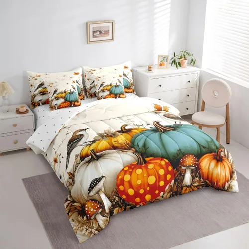 Vista 3 de Feelyou Fall Pumpkin Comforter Set with Sheets 7 Piece Twin Size Autumn Bed in a Bag Kids Boys Girls Pumpkin Maple Leaf Bedding Set Hummingbird Beig