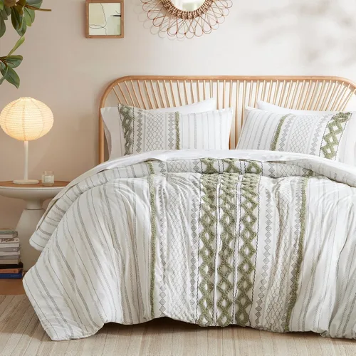 Vista 13 de INK+IVY Edredón para cama tamaño Queen, chenilla con mechones, juego de edredón de algodón transpirable Queen, edredón bohemio moderno para todas