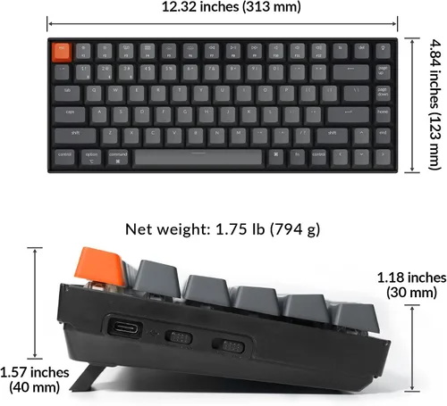 Vista 3 de Keychron Teclado mecánico inalámbrico K2 75% Layout Bluetooth para juegos con interruptor marrón Gateron G Pro/retroiluminación LED blanca/USB