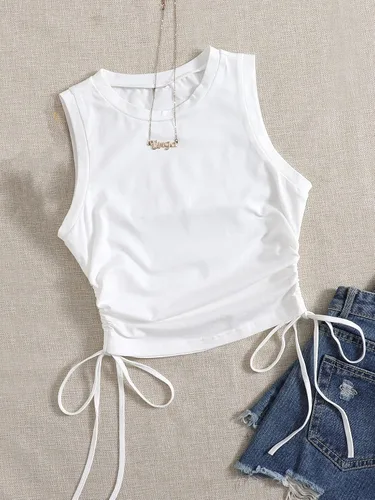 Vista 5 de Floerns Camiseta sin mangas con cordón lateral fruncido y cuello redondo para mujer