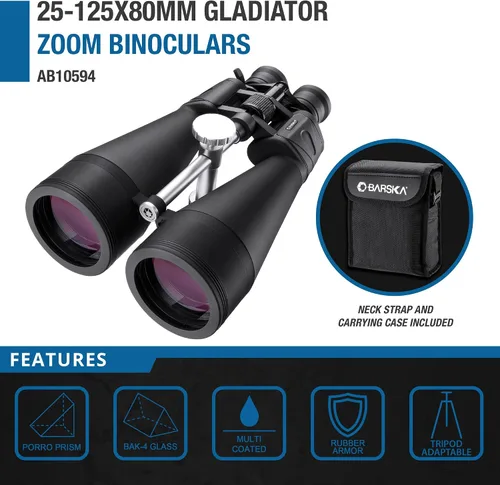 Vista 12 de Barska AB13664 Gladiator 25-125x80 Zoom Binoculares con adaptador de trípode para astronomía, observación de aves, deportes, visión de largo