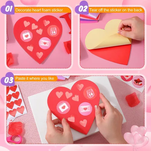 Vista 4 de Tatuo 120 calcomanías de corazón de espuma de 6 pulgadas a granel, autoadhesivas, corazones de espuma EVA, calcomanías mate y con purpurina